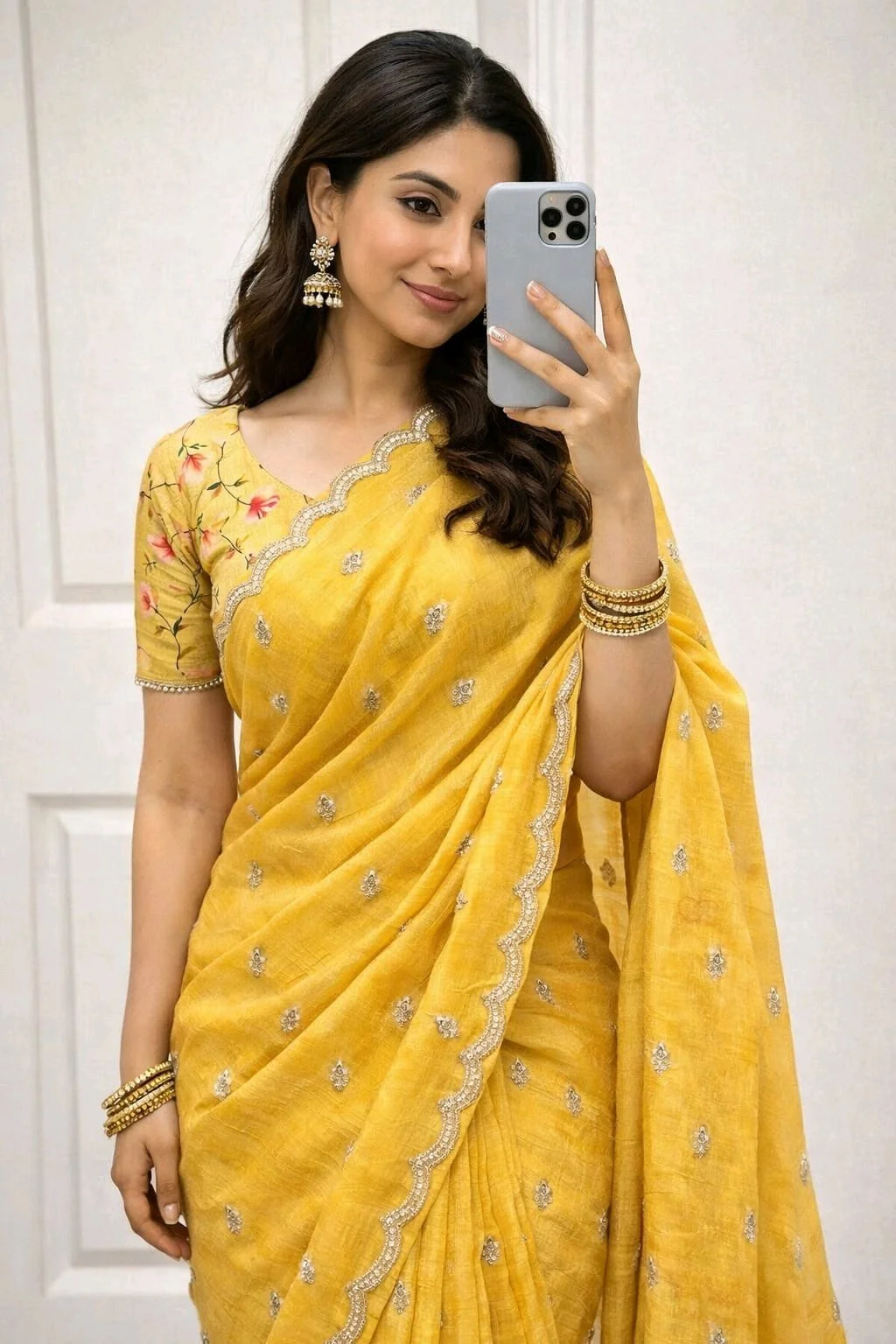 Georgette Crush Silk Saree with Gold Zari Embroidery and Floral Pallu thumbnail 10