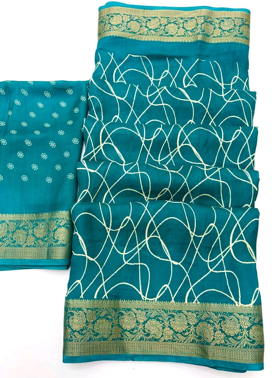 Marshmellow Print Saree with Abstract Print and Gold Zari Border thumbnail 3