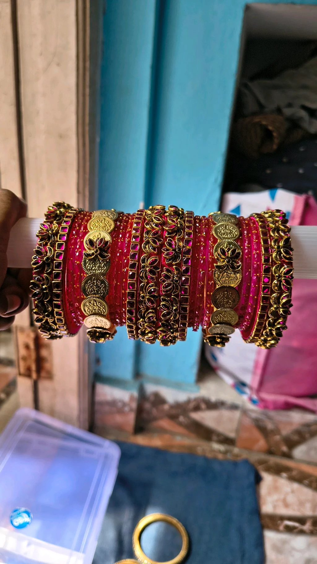 Pink and Gold Toned Lakshmi Coin Bangle Set 1