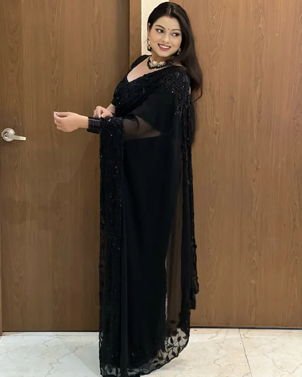 Black Embroidered Georgette Saree thumbnail 1