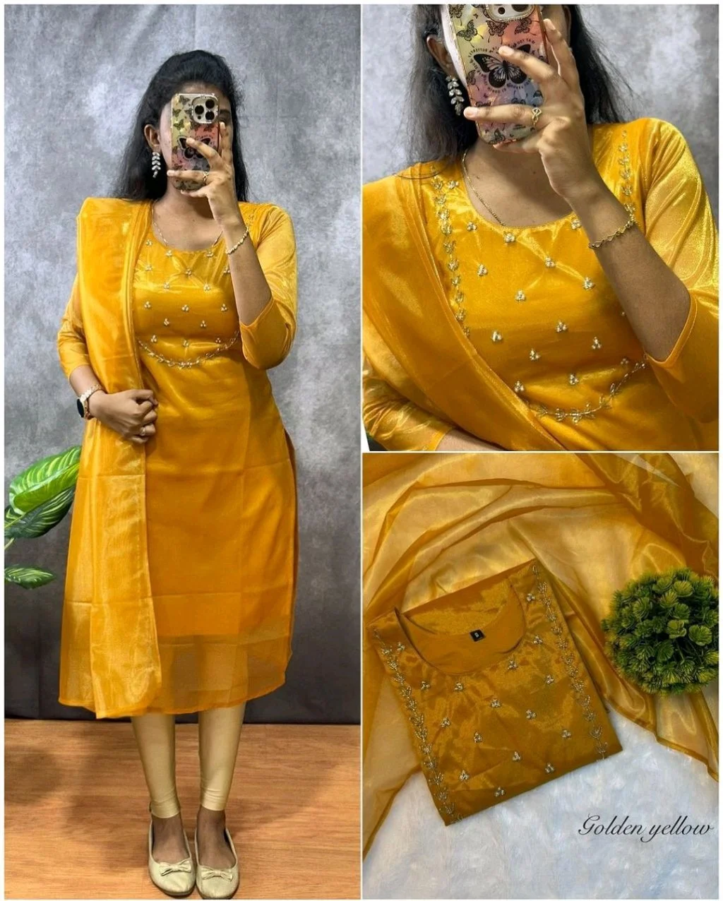 Rani Pink Embroidered Organza Kurti Set with Dupatta 4