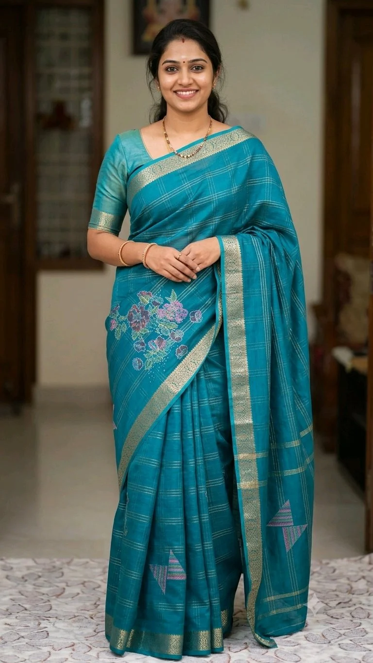 Teal Blue Checkered Saree with Floral Embroidery and Zari Border thumbnail 1