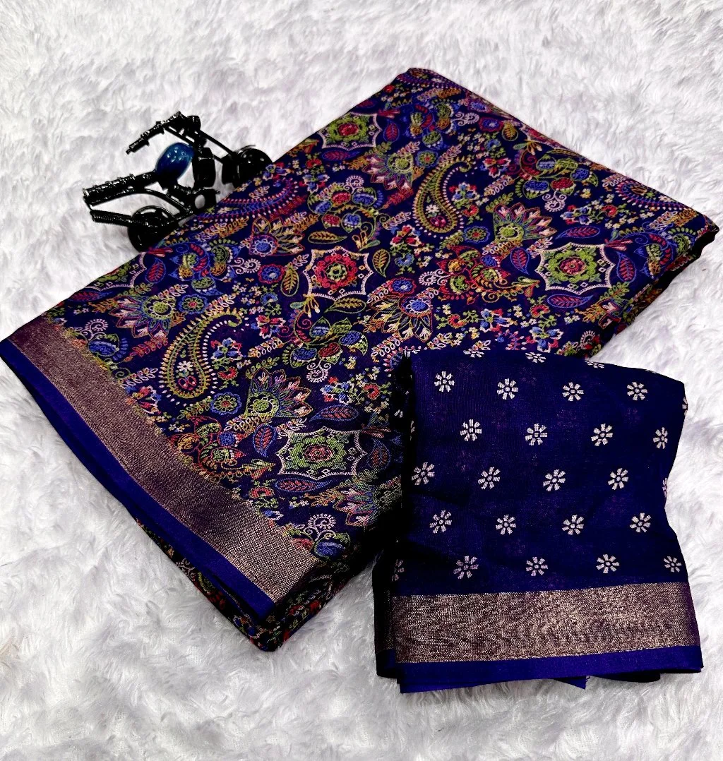Deep Pink Paisley Floral Print Saree with Zari Border 2