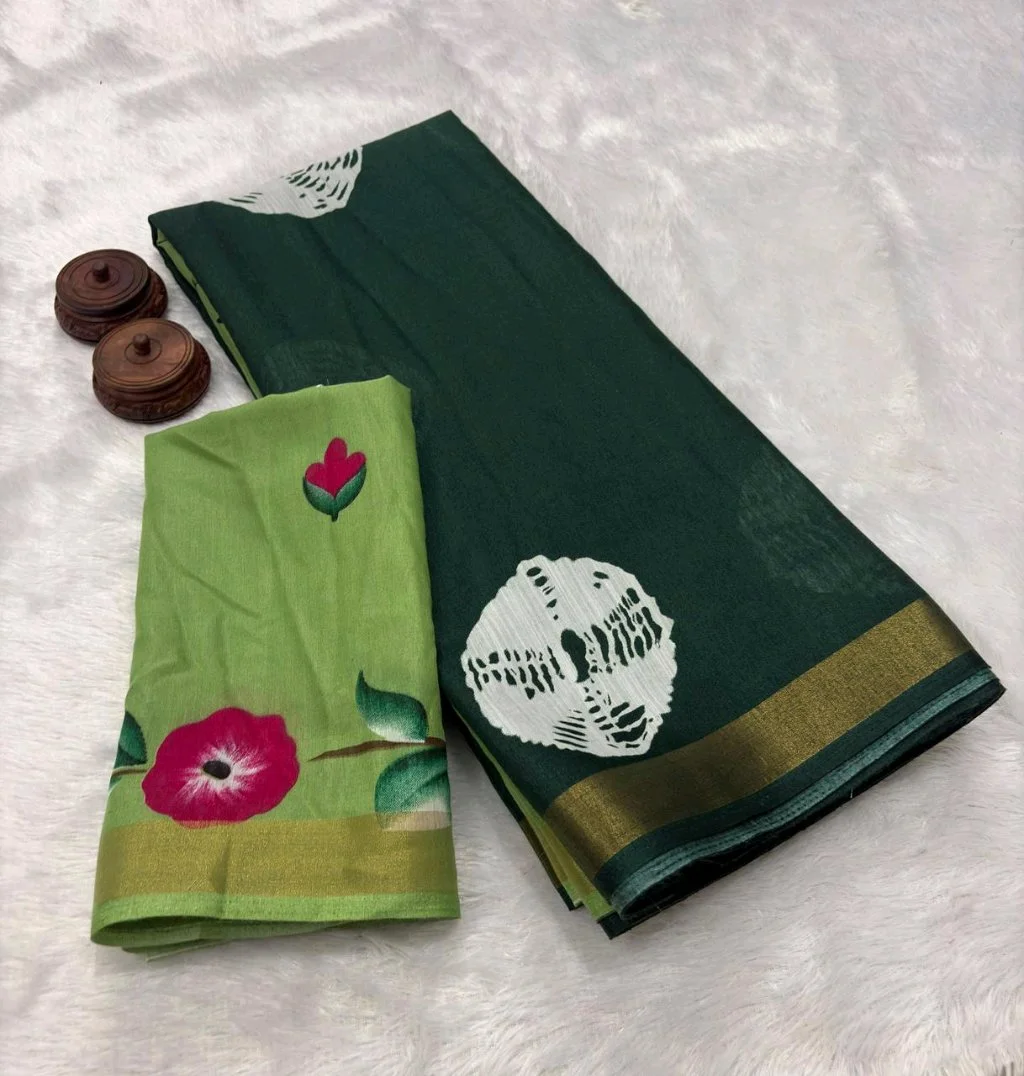 Mul Mul Cotton  Saree with Handpainted Floral Blouse Piece 3