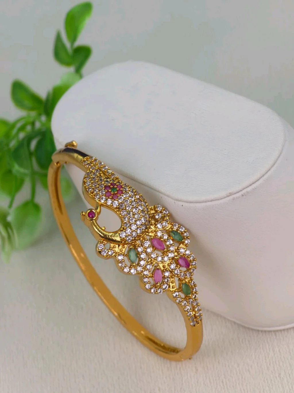 Gold Plated Peacock Design Bangle with Multi-Color Stones 2