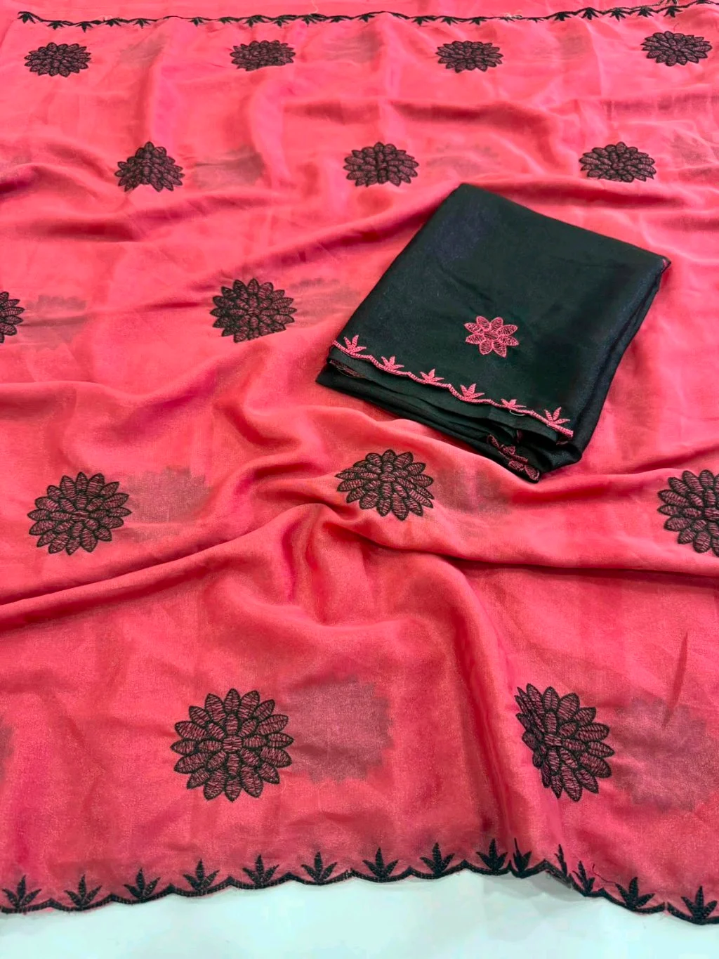 Soft Georgette Saree with Black Floral Embroidery thumbnail 1