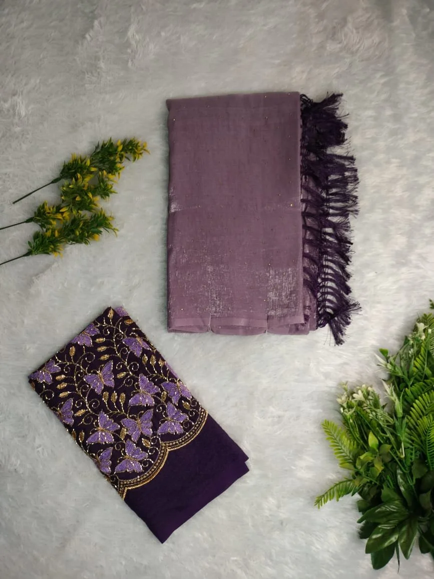 Purple Butterfly Embroidered Blouse And Light Onion Pink Saree