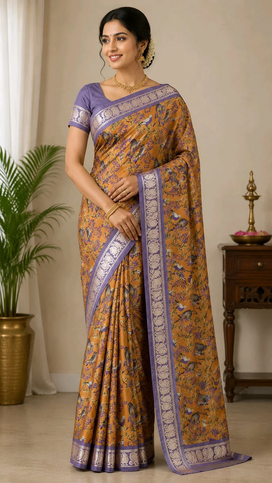 Maheshwari Silk Sarees,Golden Mustard Silk Blend Saree with Bird Print and Purple Zari Border thumbnail 1