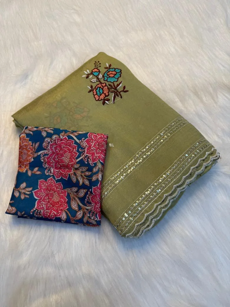 Crunchy Crush Teal Embroidered Saree with Floral Blouse Piece 2