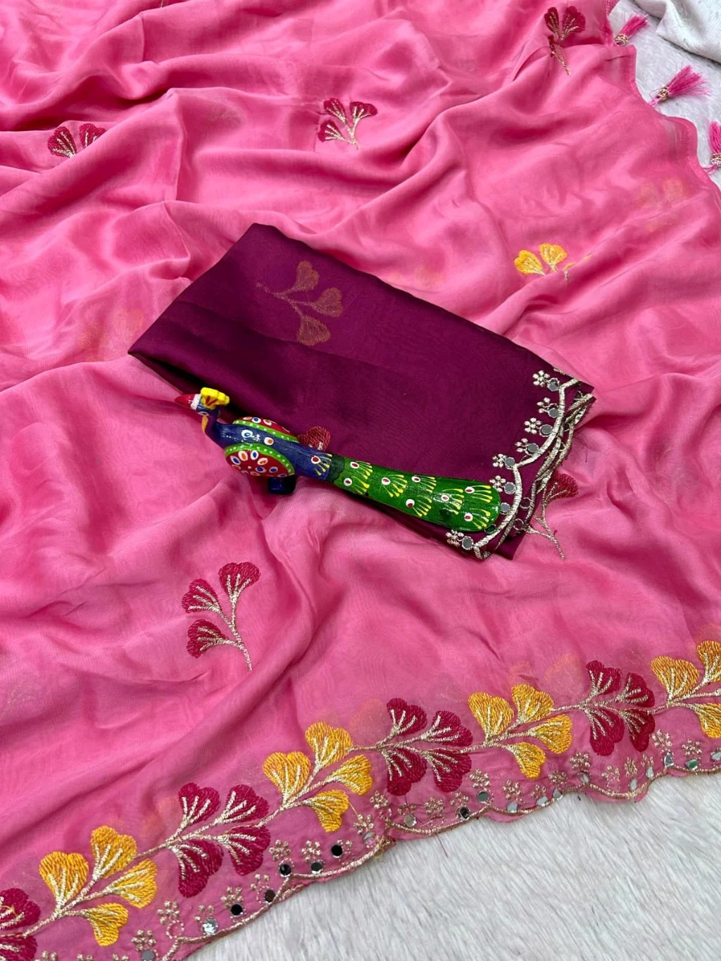 Soft Rangoli Saree with Multicolor Floral Embroidery Blouse thumbnail 5