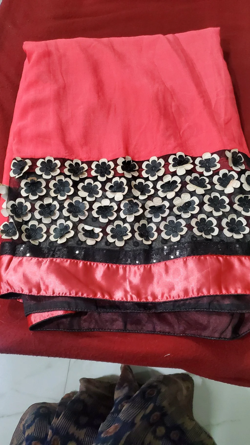 Coral Pink Saree with 3D Floral Applique and Sequin Border thumbnail 1
