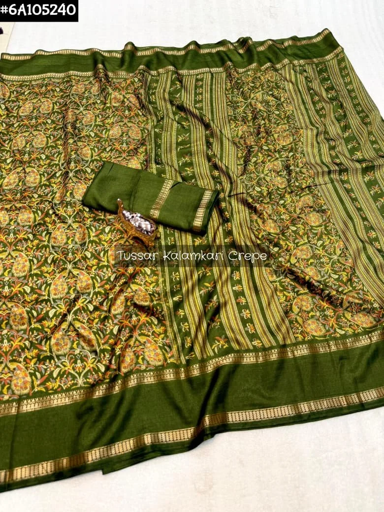 Blue Tussar Kalamkari Crepe Saree with Zari Border 5