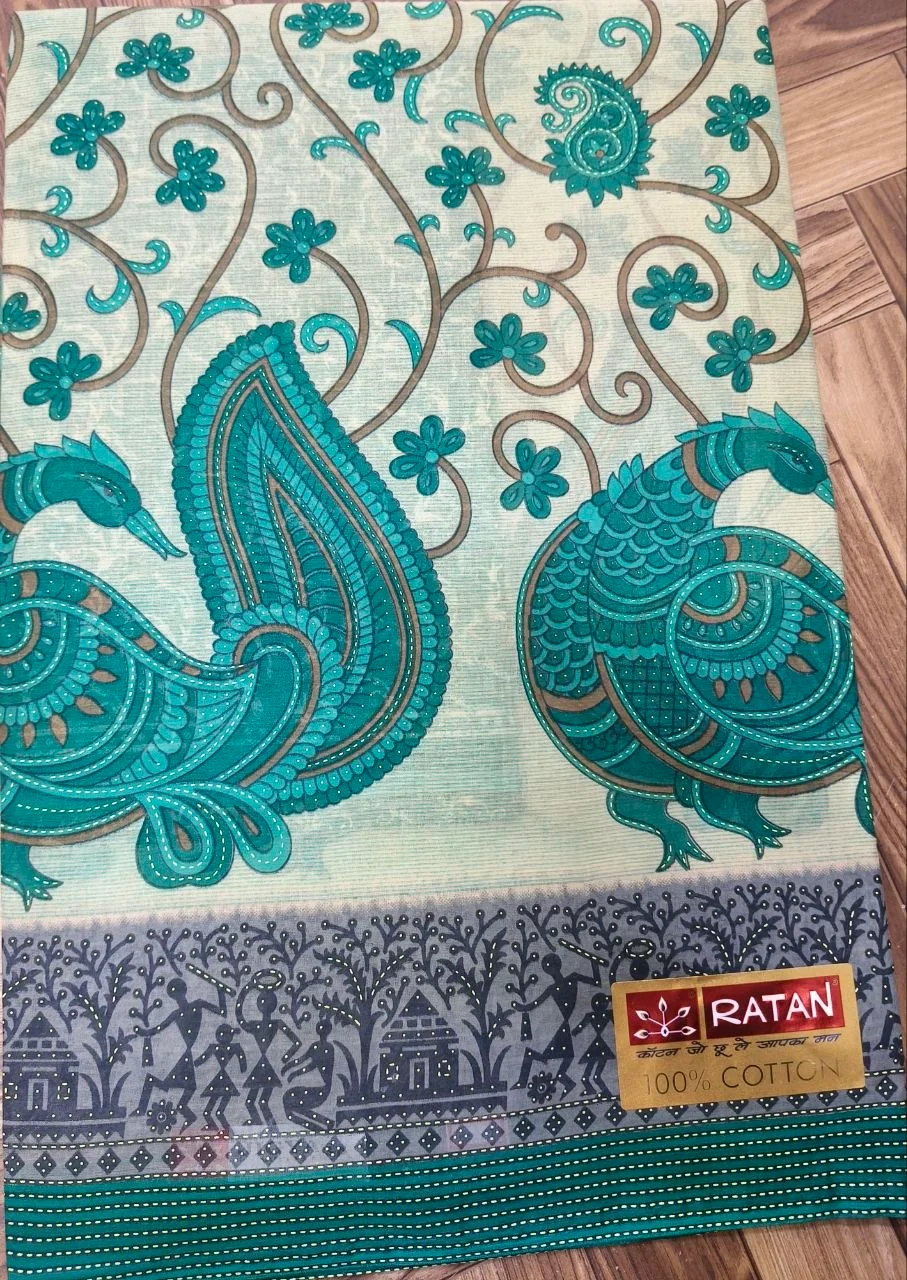 Ratan Jigyasa Blue Cotton Saree with Peacock and Warli Print thumbnail 3