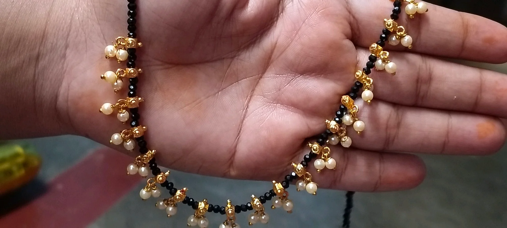 Black Bead Gold Plated Pearl Necklace