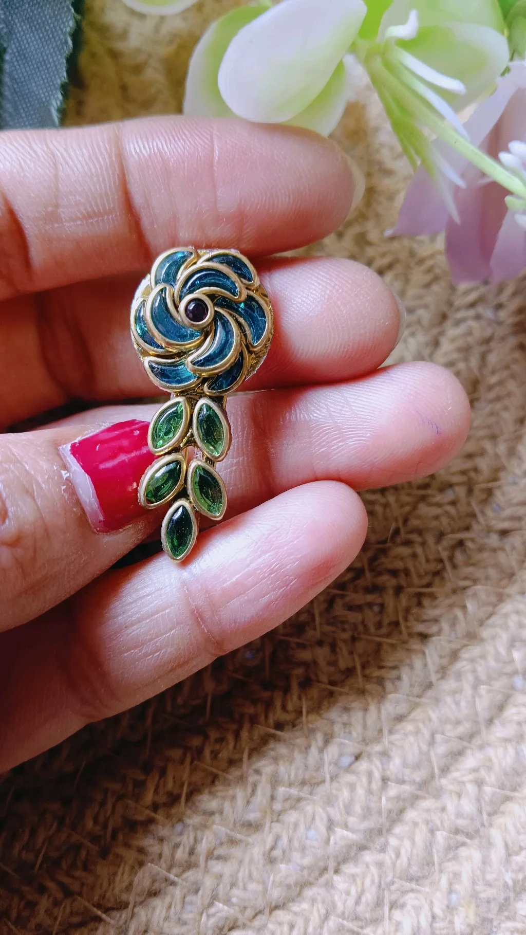 Blue Enamel Floral Saree Brooch Pin with Green Drops