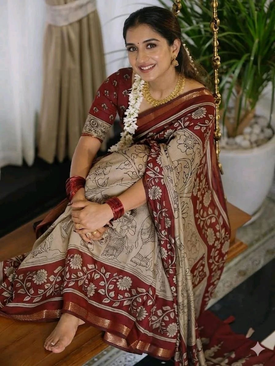 Kalamkari Print Cotton Saree with Traditional Border 3