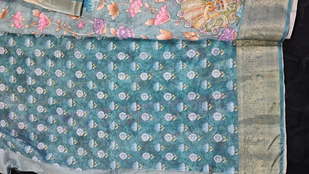Aqua Blue Floral Silk Blend Saree with Peacock Elephant Zari Border 3