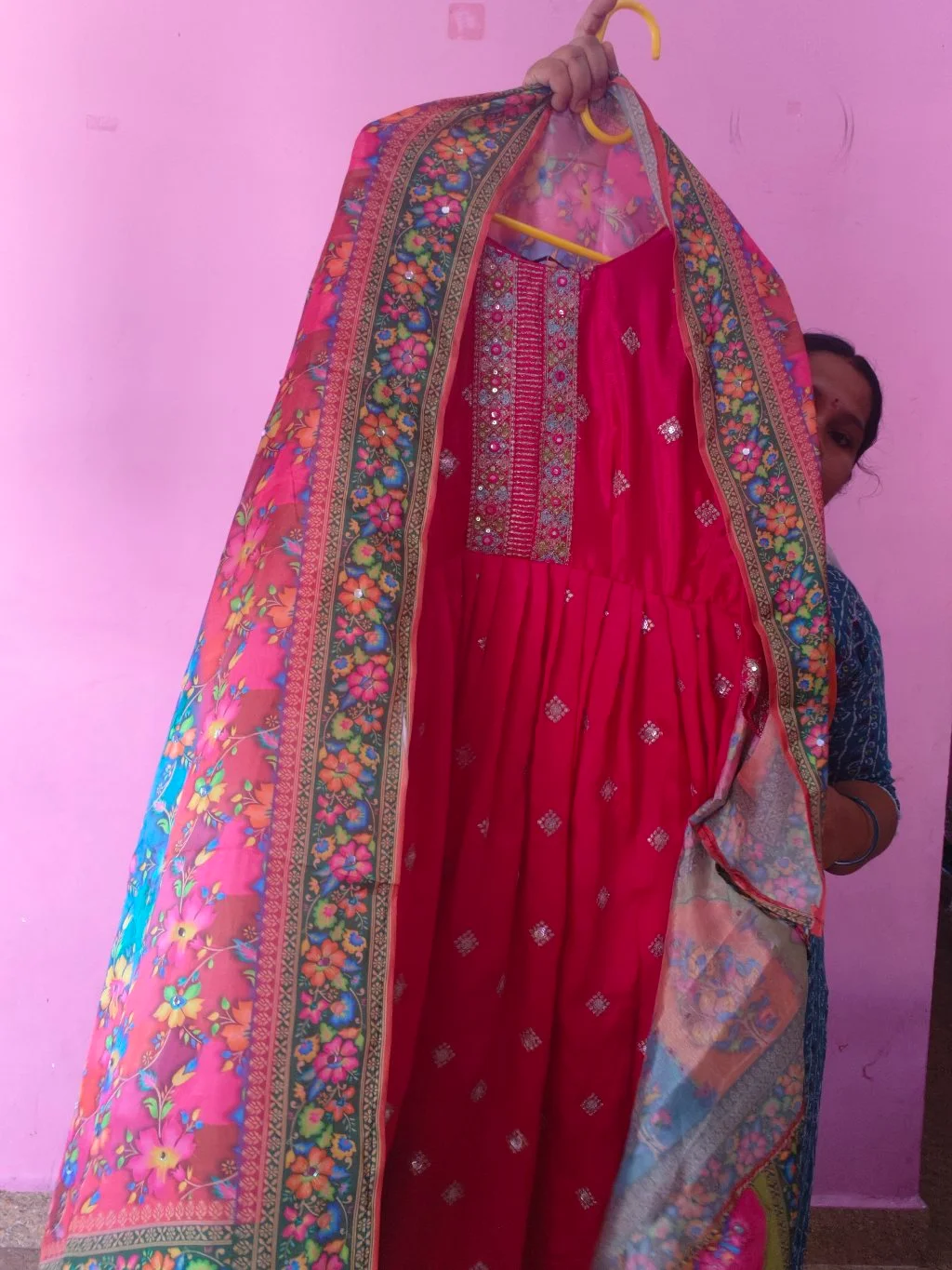 Aarifa Brand Pink Anarkali Suit with Mirror Work and Floral Digital Dupatta 3