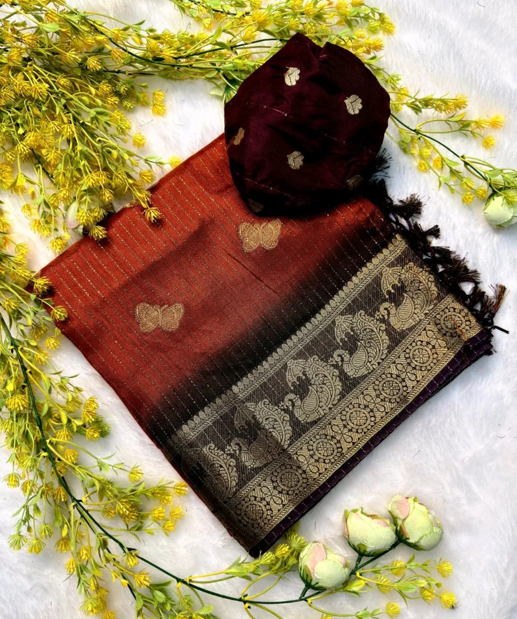 Ombre Silk Saree with Zari Butterfly Motifs and Peacock Border 1