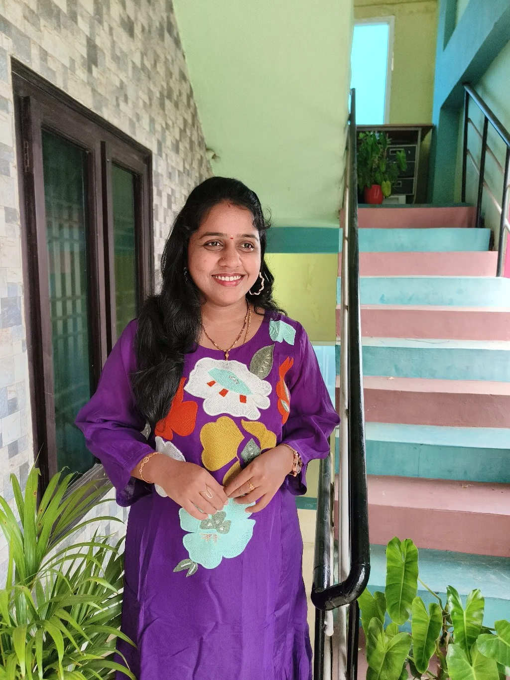 Purple Floral Embroidered Tiered Frock Dress thumbnail 2