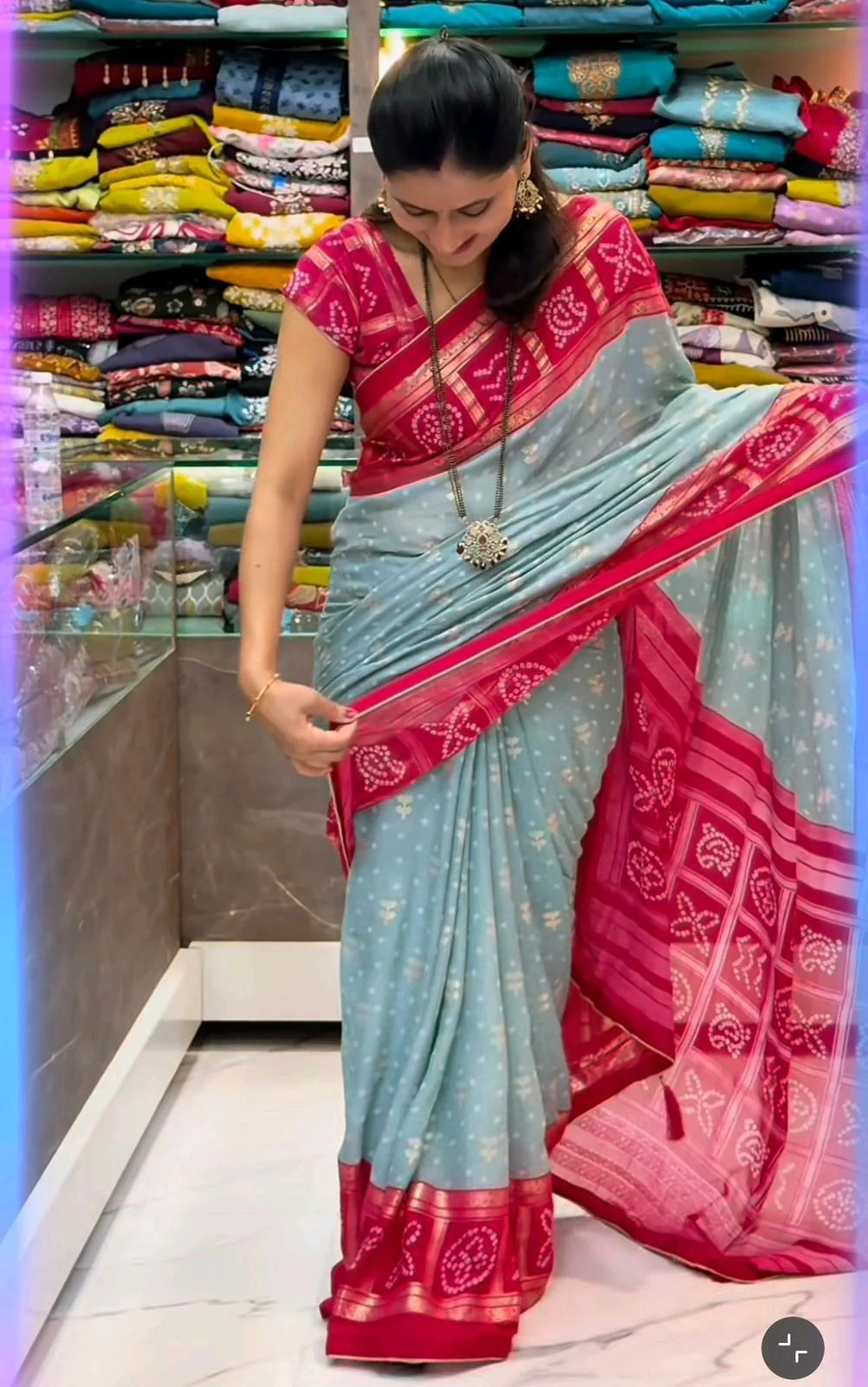 Sky Blue Saree with Pink Bandhani Border 1