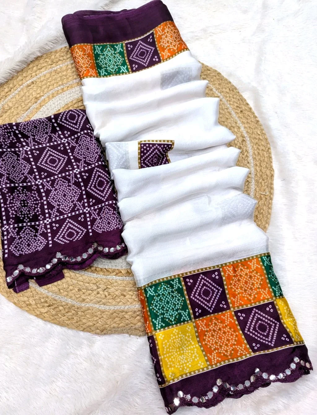 Turkey Silk Saree With Bandhani Print Material with Mirror Work thumbnail 4