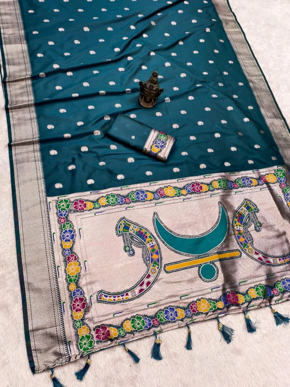 Banarasi Silk Blend Saree with Silver Zari and Paithani Inspired Pallu 3
