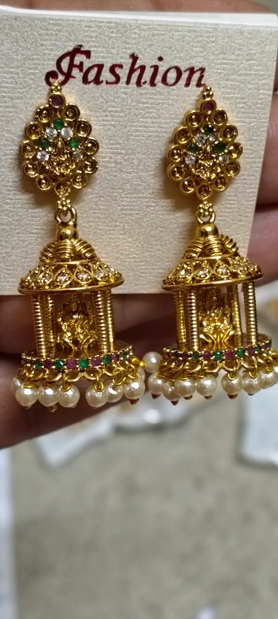 Gold Plated Temple Jhumka Earrings with Pearls