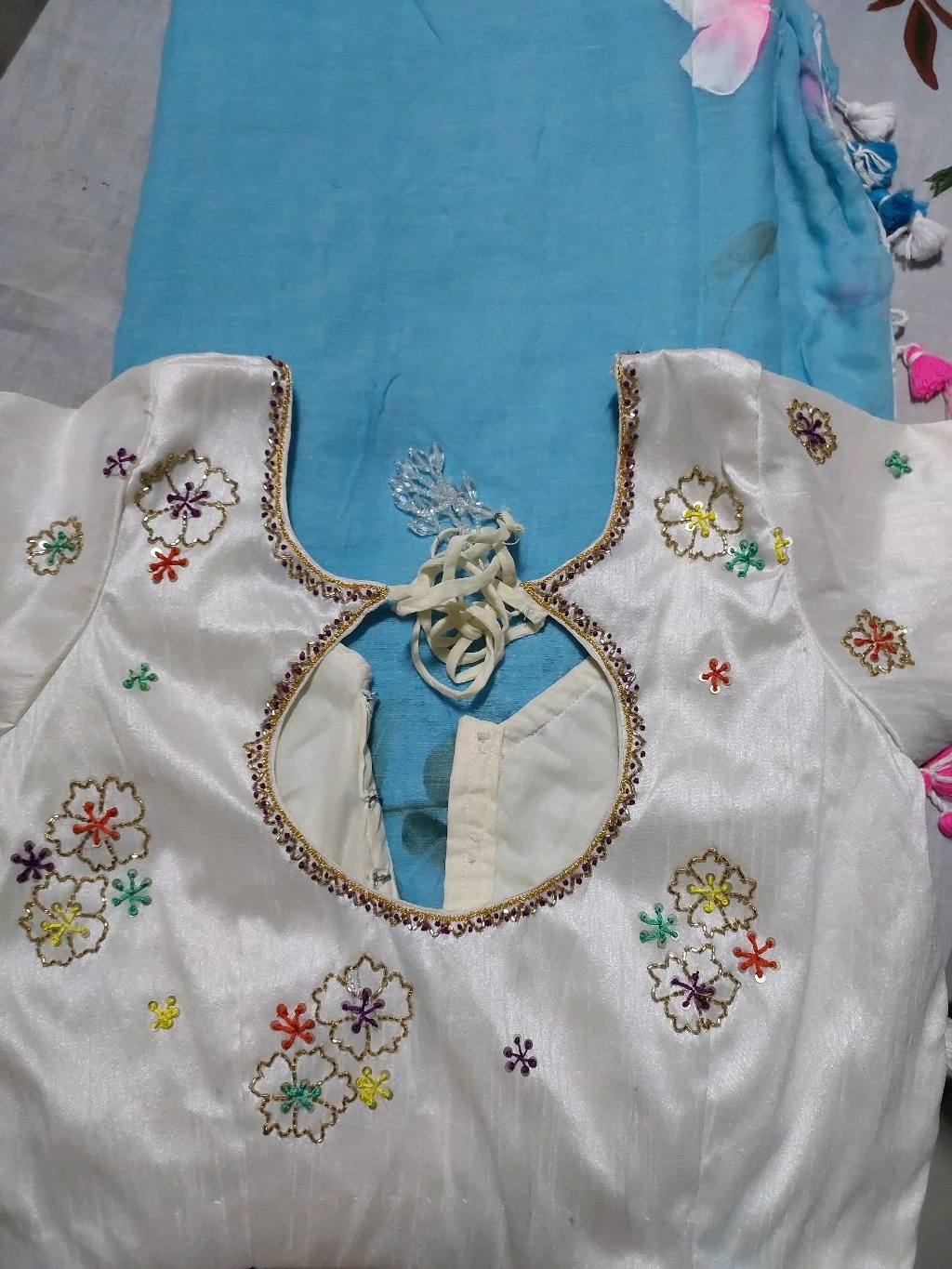 White Embroidered Blouse with Back Tie-up thumbnail 1