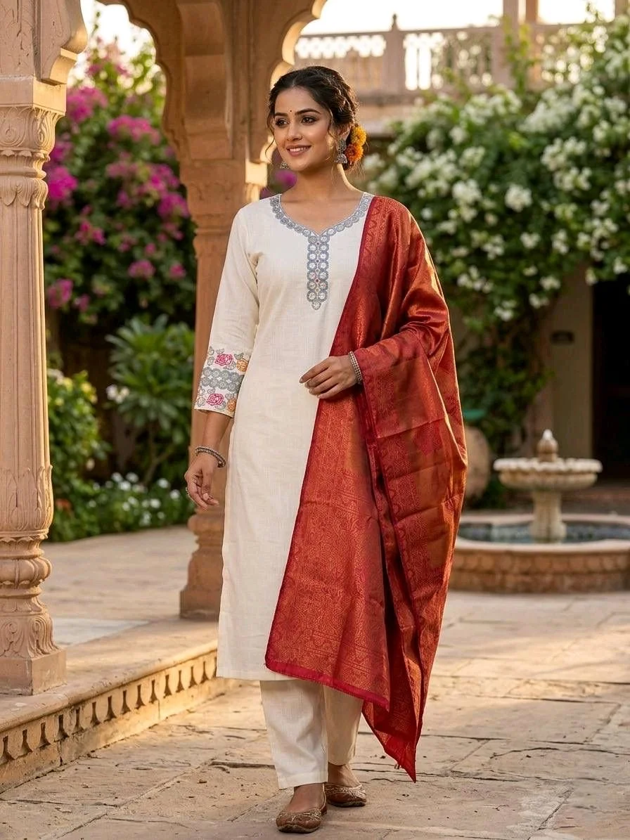 3-piece Kurta Set with Floral Dupatta thumbnail 3