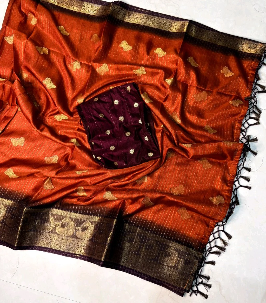 Ombre Silk Saree with Zari Butterfly Motifs and Peacock Border 3