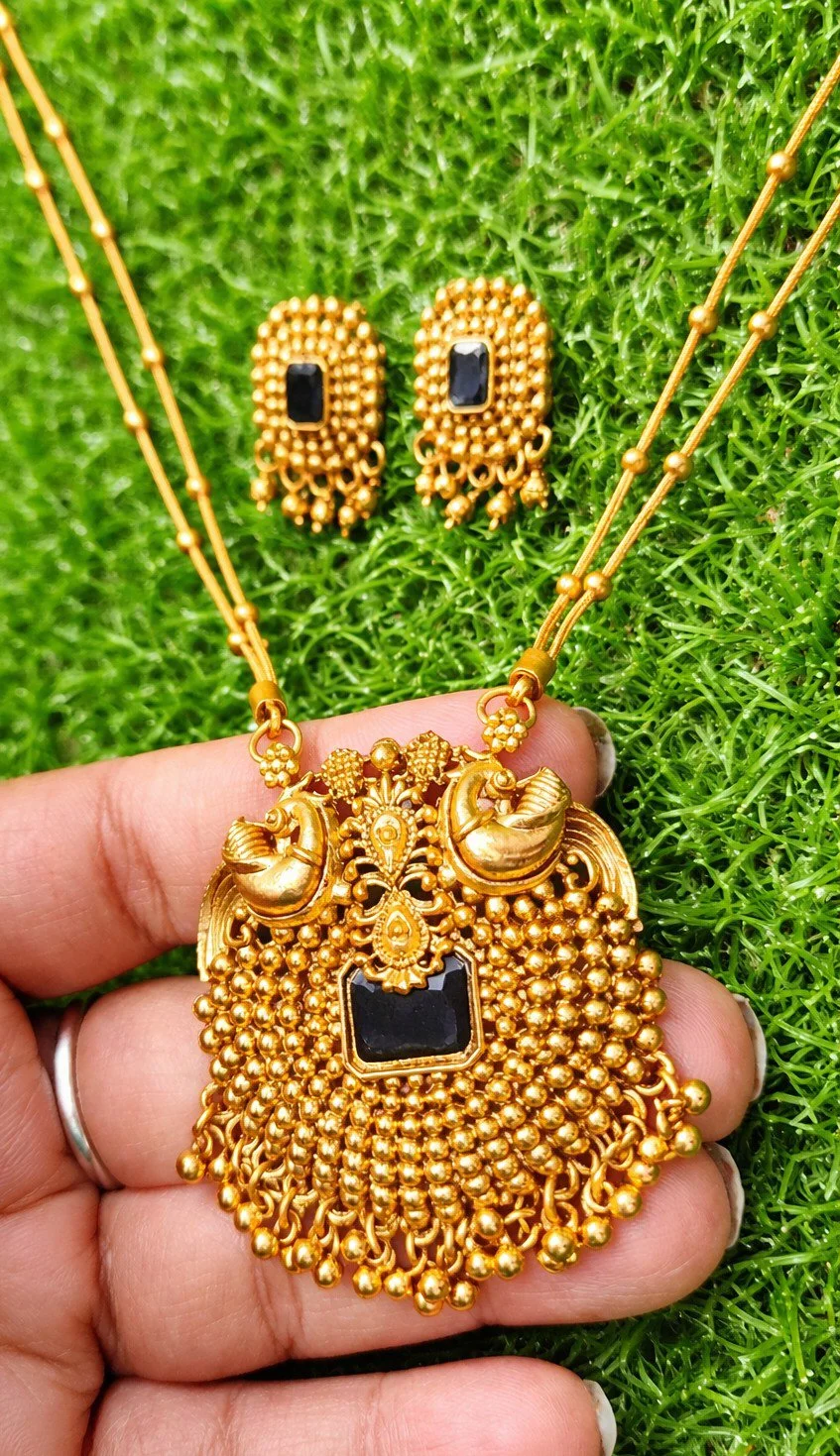 Best Quality Gold Toned Temple Design Necklace Earrings Set with Blue Stone thumbnail 4