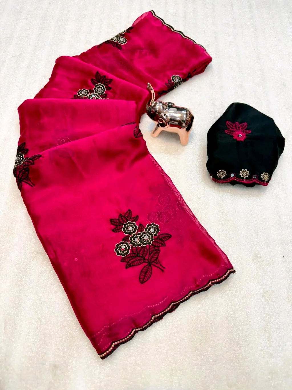 Rangoli Silk Saree with Black Floral Embroidery and Designer Blouse thumbnail 8