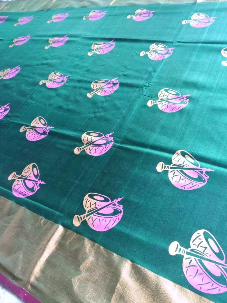 Lime Green Fabric with Purple Floral Block Print thumbnail 2