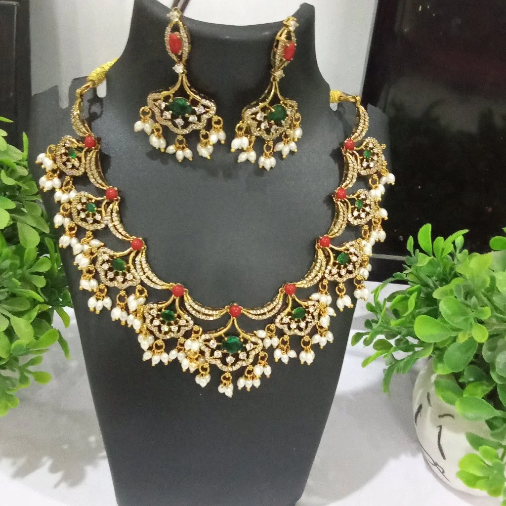 Gold Plated Green and Red Stone Necklace Set with Earrings