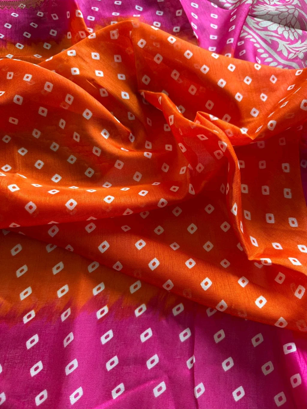 Orange and Pink Bandhani Silk Saree with Zari Border thumbnail 6