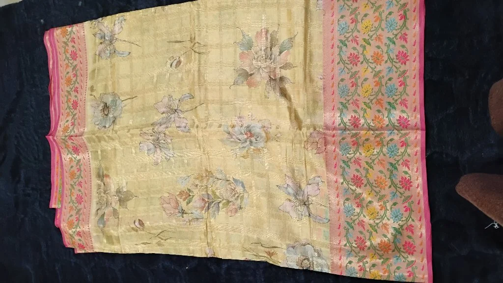 Light Yellow Floral Fancy Saree with Pink Zari Border thumbnail 2