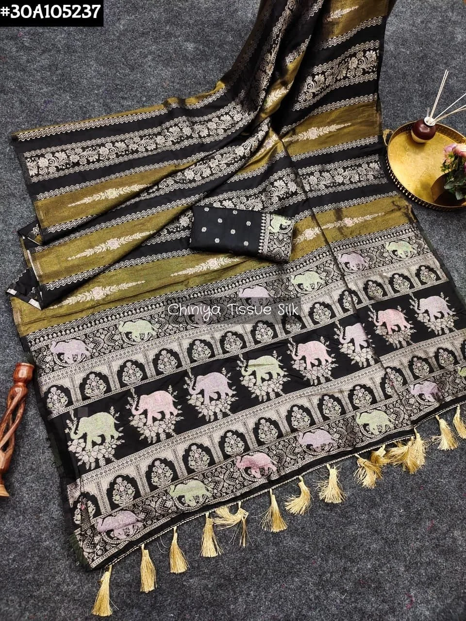 Chiniya Tissue Silk Sarees with Zari Stripes and Border thumbnail 2