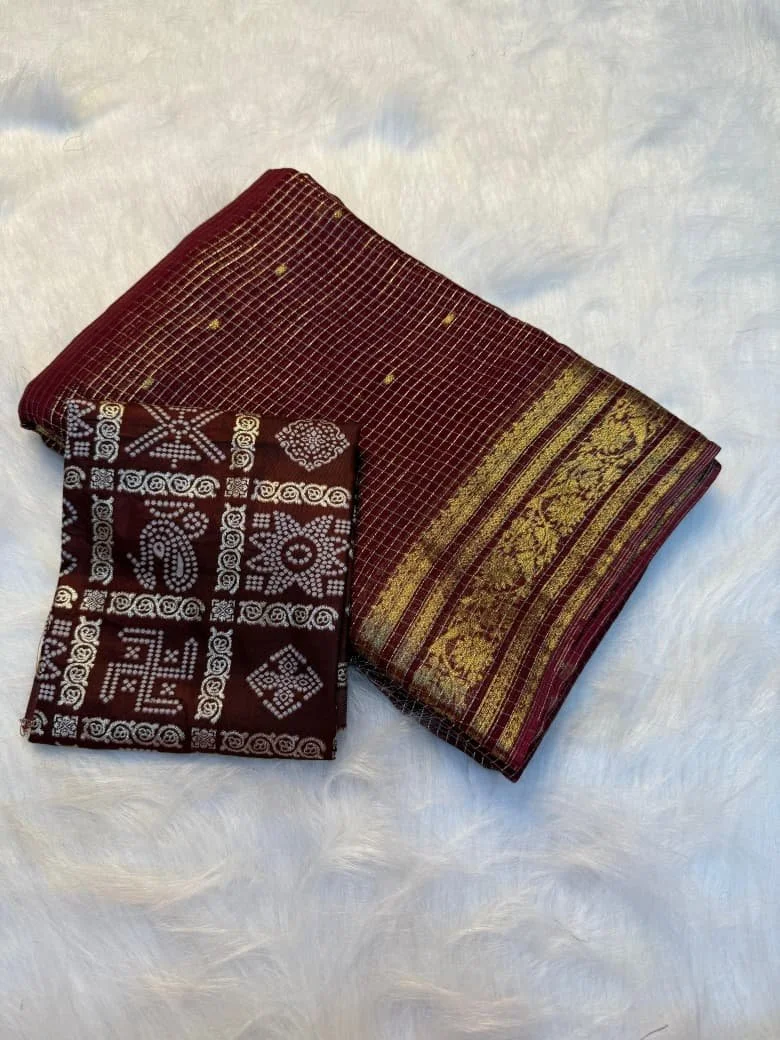 Purple Viscose Georgette Saree with Chex Weave and Block Print Blouse Piece 5