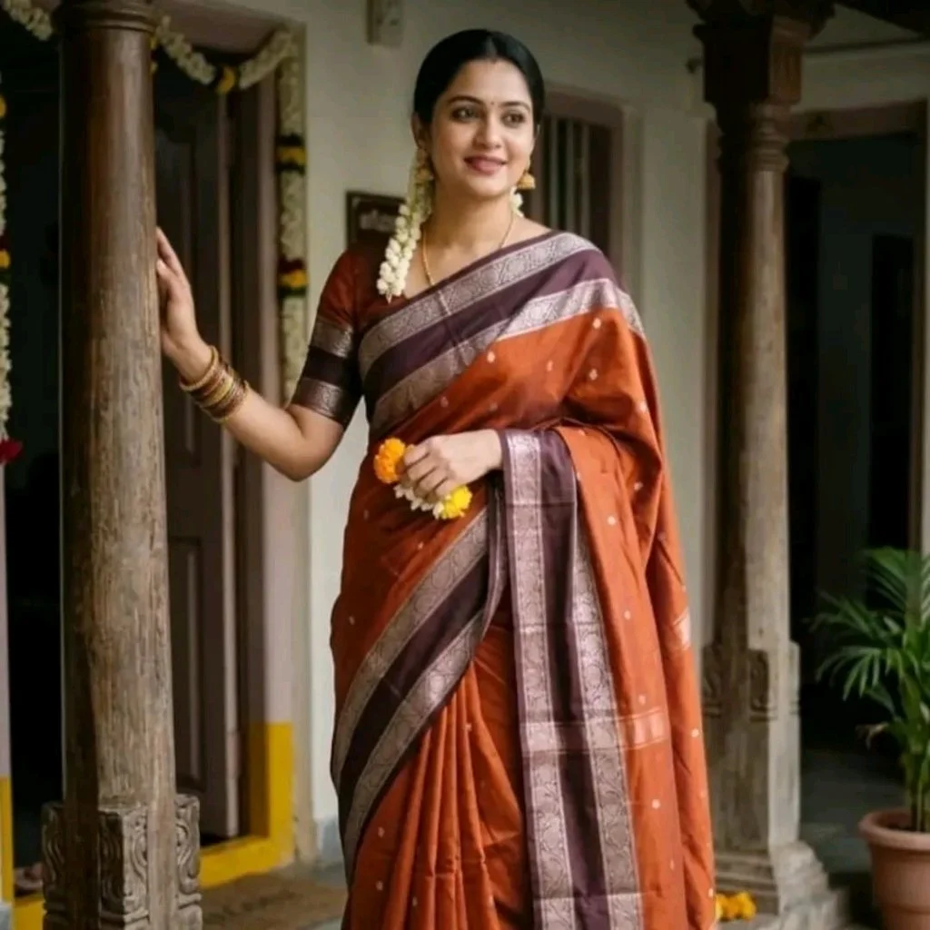 Orange Kanchipuram Silk Saree with Purple Border and Gold Zari Work 8