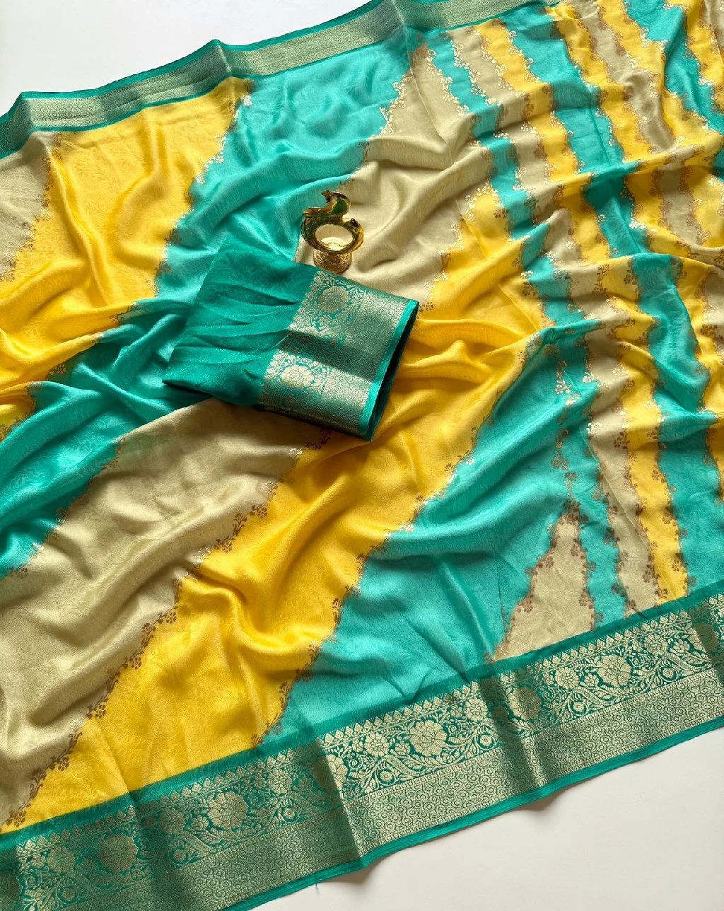 Pink Yellow and Gold Striped Saree with Zari Border SOFT self JACQUARD MARSHMELLOW Saree thumbnail 3