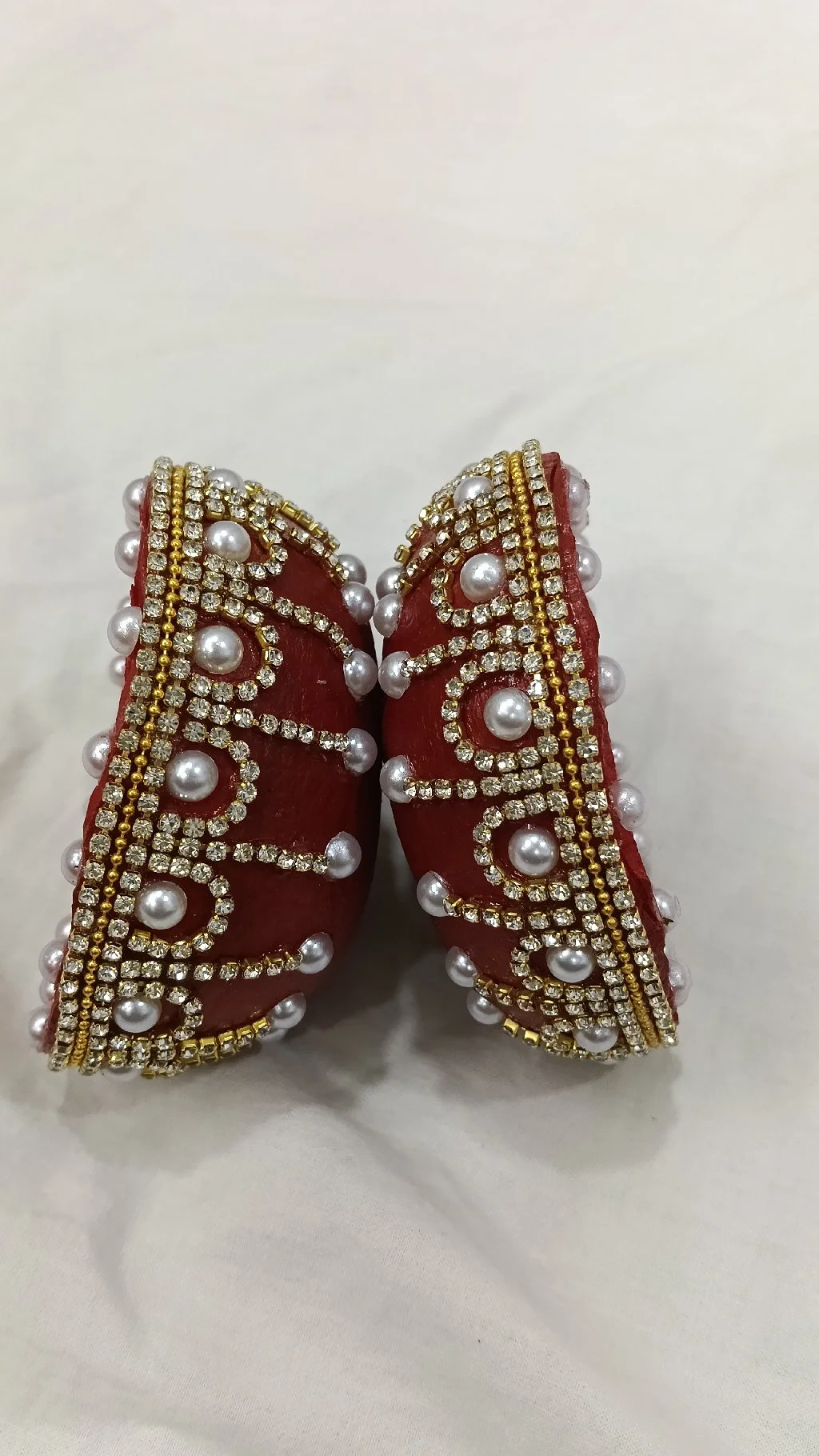 Red Decorative Coconut Halves with Pearl and Rhinestone Embellishments