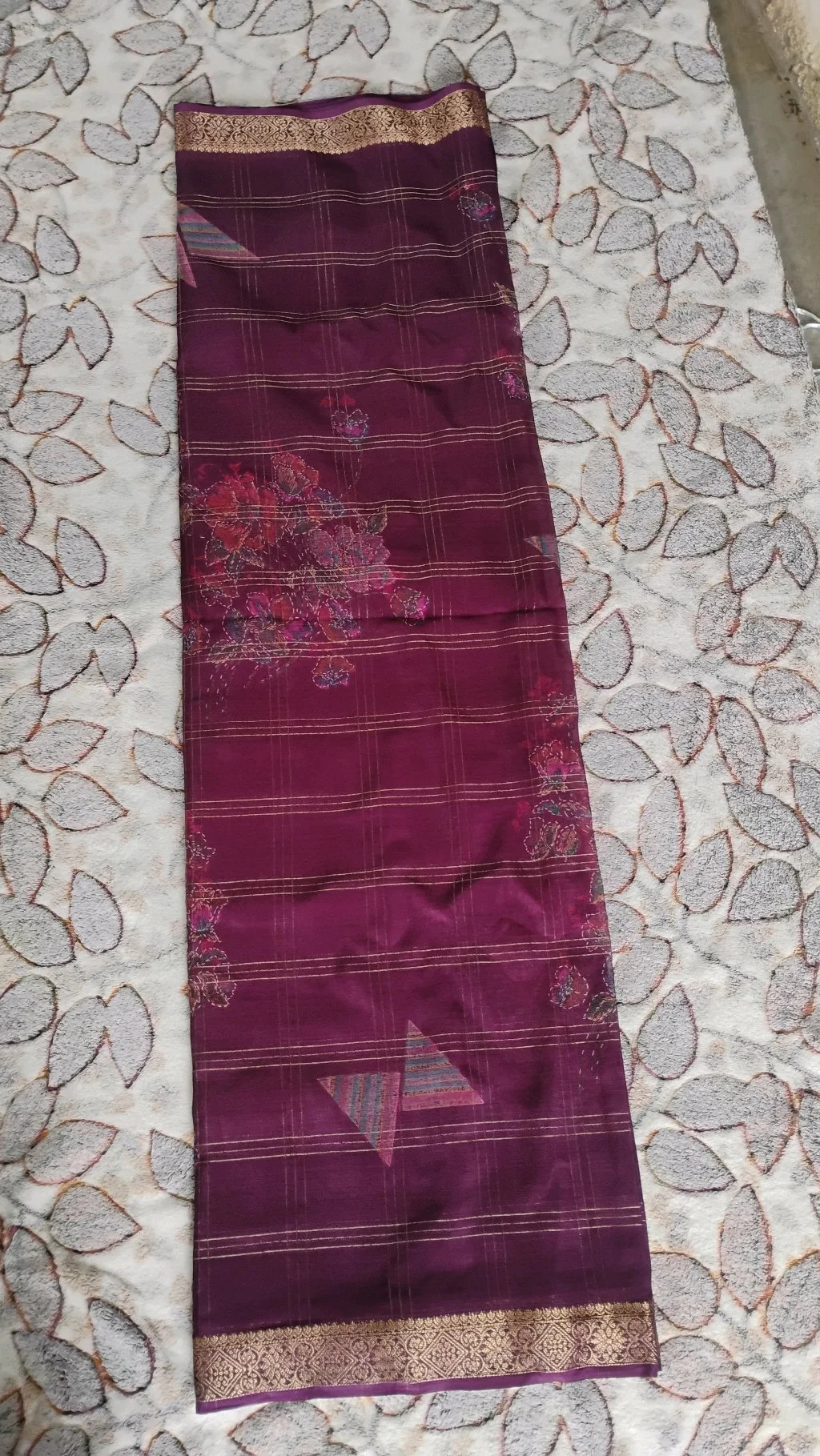 Purple Silk Blend Saree with Gold Checkered Pattern and Floral Print thumbnail 2
