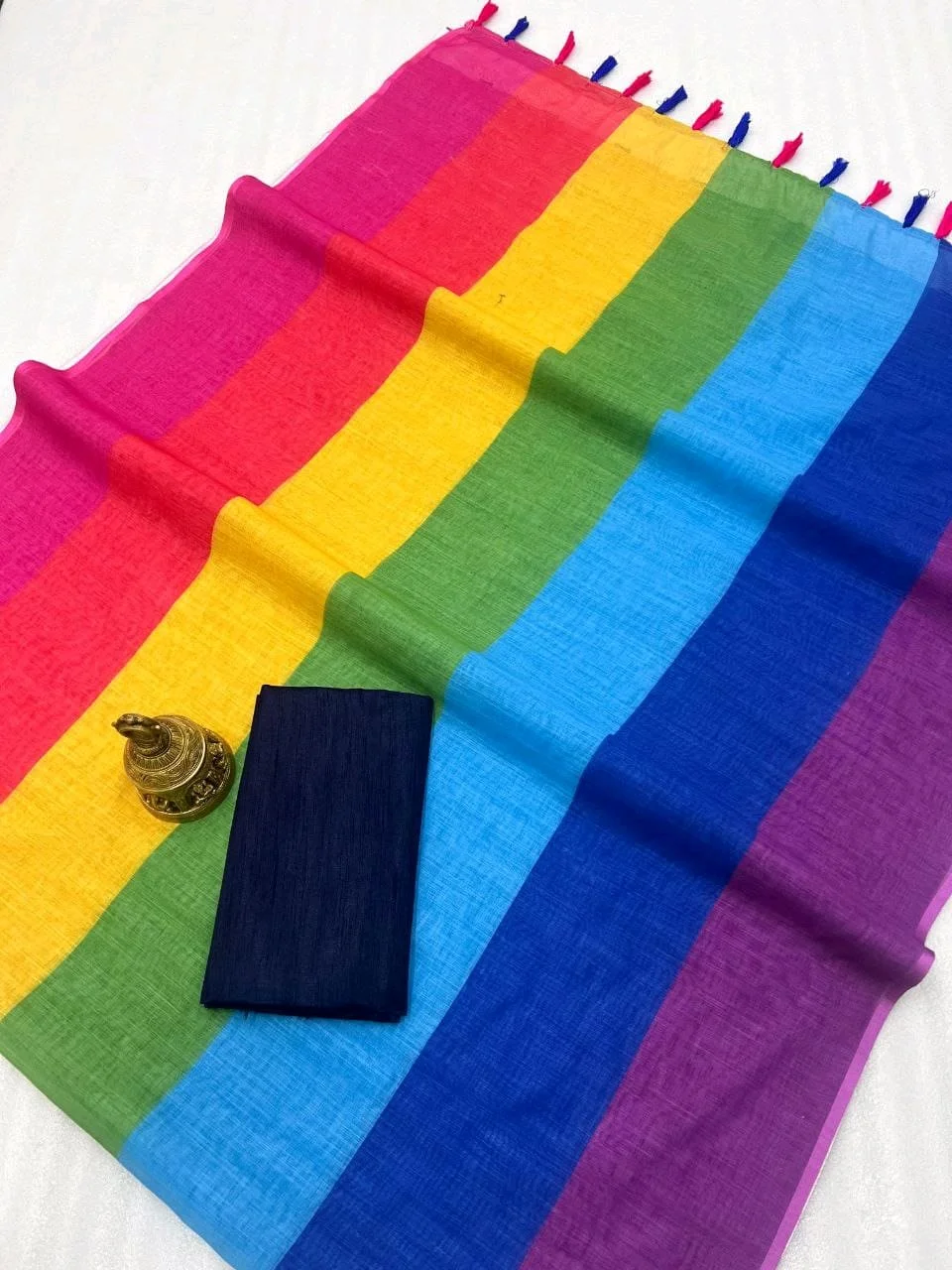 Vibrant Multicolor Plain Linen Cotton Saree with Tassels thumbnail 6