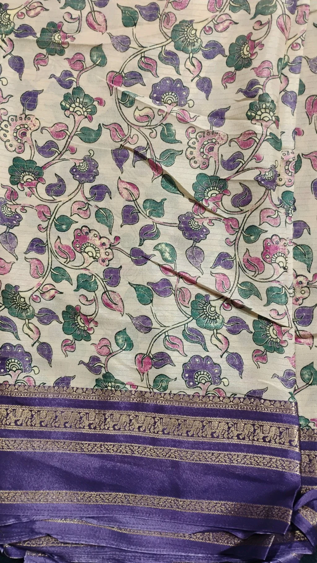 Cream Floral Print Silk Blend Saree with Purple Zari Border thumbnail 3