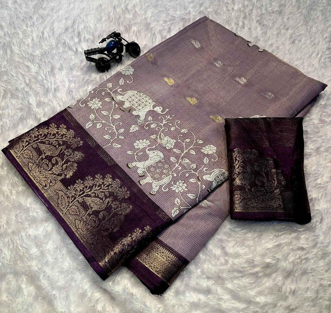Mauve Tussar Silk Saree with Golden Zari Embroidery thumbnail 3