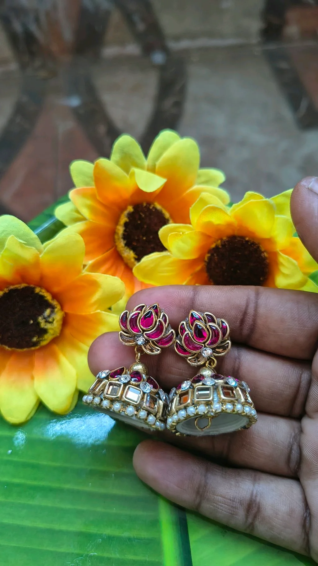 Gold Toned Lotus Jhumka Earrings 1