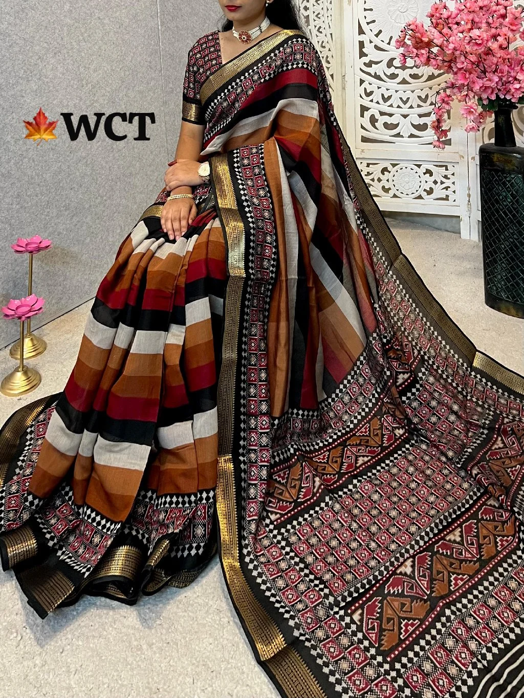 Multi-Color Striped Silk Blend Saree with Geometric Pattern Border thumbnail 2