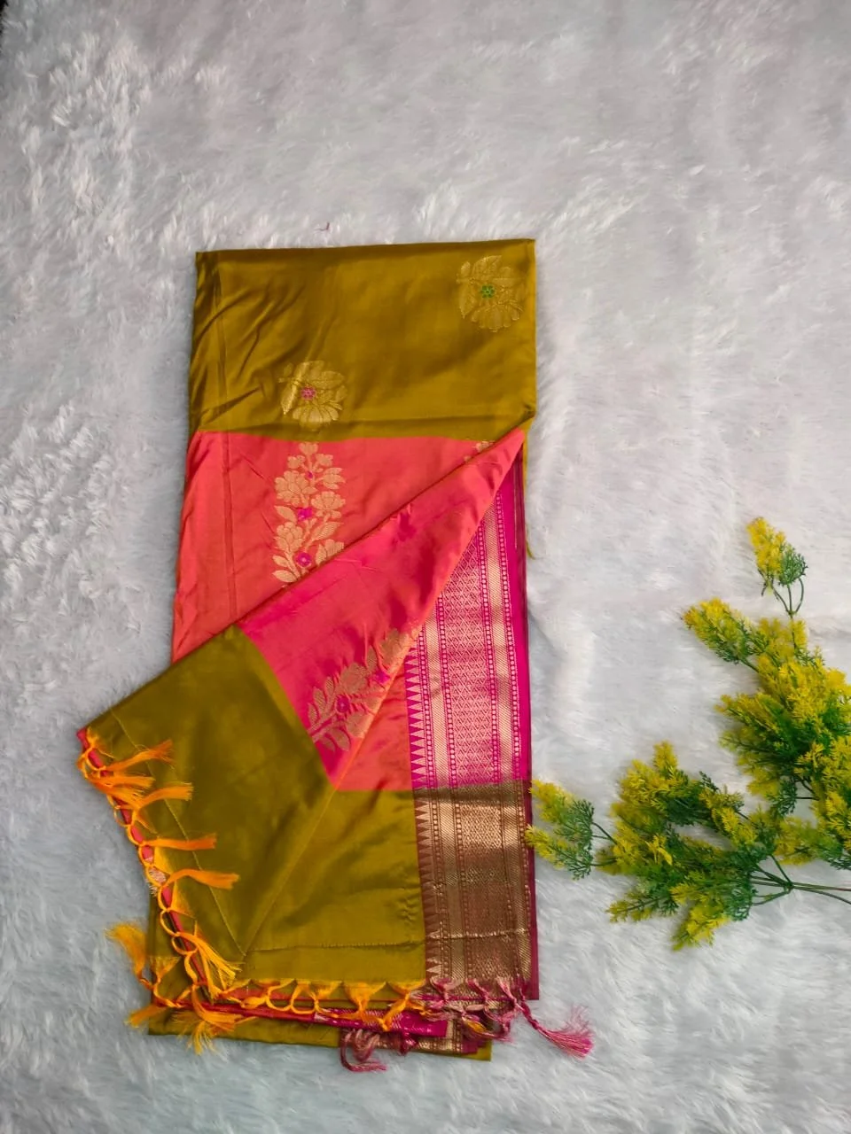 Olive Green and Pink Semi Uppada Saree with Zari Floral Motifs
