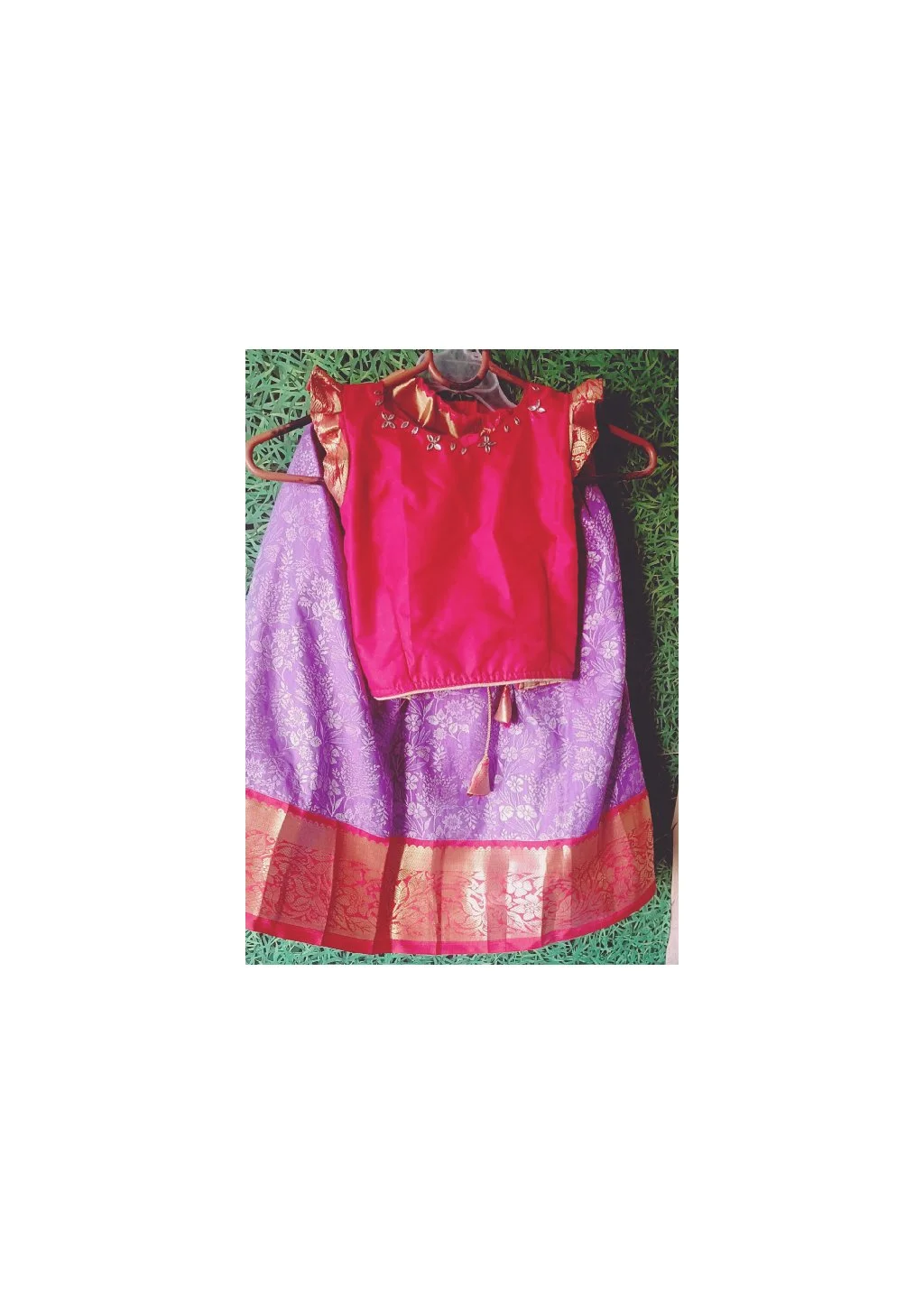 Kids Red and Purple Pattu Pavadai Set
